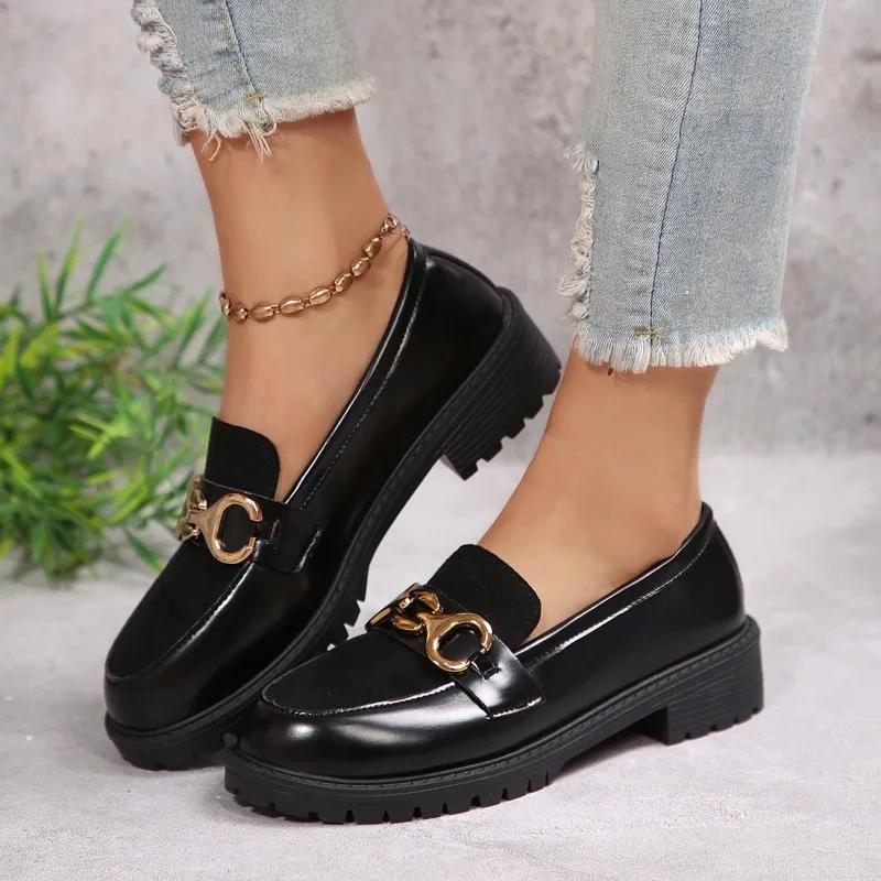 

Модная обувь для женщин 2025 Бренд Слипоны Женские туфли на высоком каблуке Модная металлическая отделка Платье Новые Универсальные Большого размера Туфли на высоком каблуке Zapatos 43 чёрный