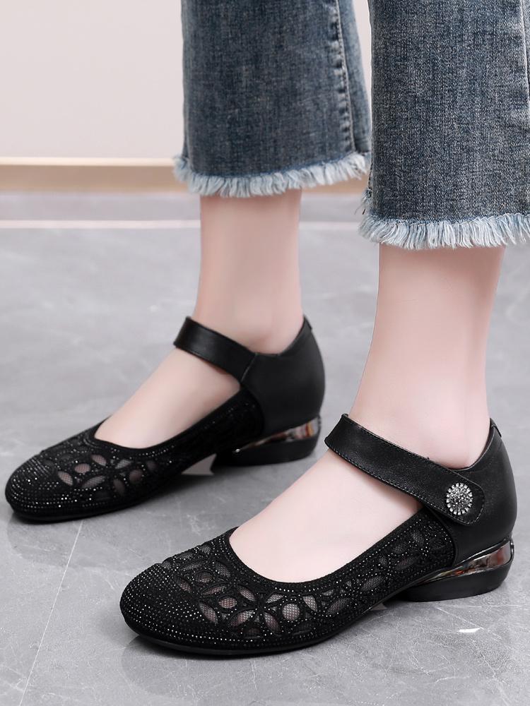 GKTINOO Mom Shoes Summer Sandals Soft Sole Closed Toe Low Heels Mesh Single Shoes Genuine Leather Rhinestone Large Size