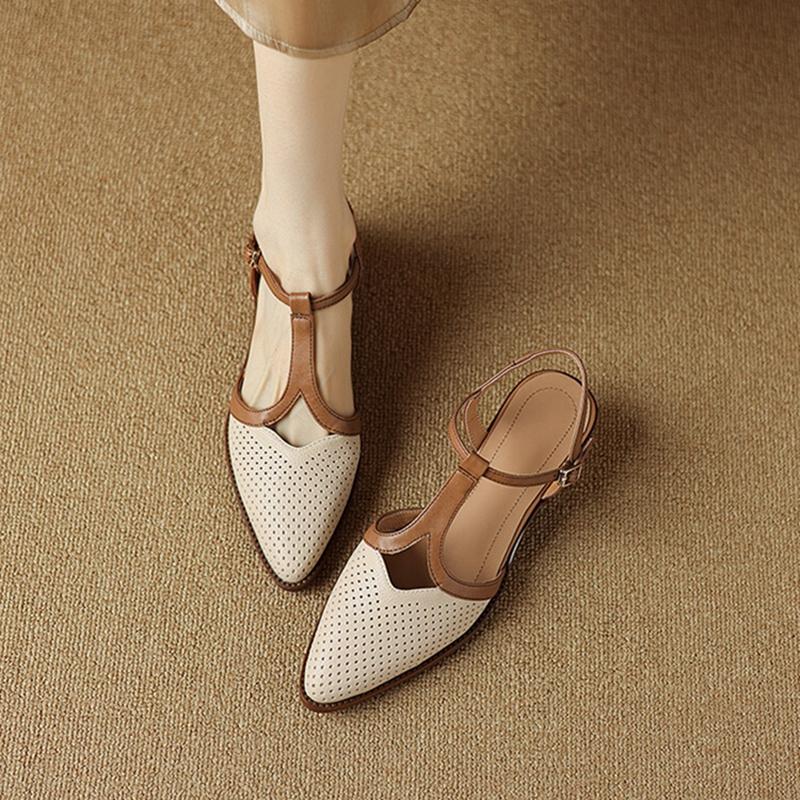 Fashion NEW Summer Women Sandals Split Leather Shoes for Women Simple Pointed Toe Chunky Heel Shoes Cover Toe Slingback Designer Sandals