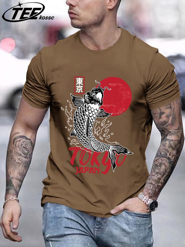 Harajuku Japan Tokyo Sunset Koi T Shirts Men Cotton Summer TShirt Loose Casual Clothes Unisex AllMatch ONeck Short Sleeve