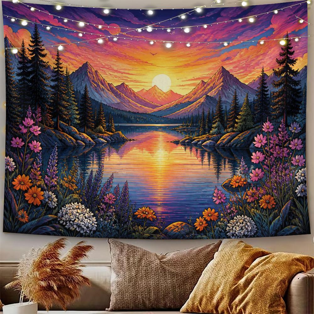 2D Flat, 1pc Horizontal Mountain Lake Tapestry Wall Hanging - Nature Landscape Wall Decor Suitable for Weddings, Birthdays, Themed Parties, Horizontal