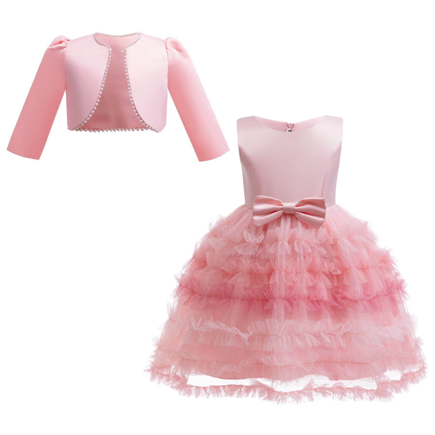 

Girls Two-Piece Set: Bow Lace Tulle Skirt with Pearls & Long Sleeve Single Button Jacket 130 розовый