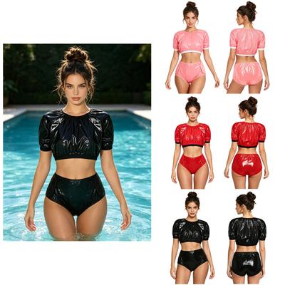 Ladies Waterproof Vinyl Swim Set S-3XL Crop Top Short Sleeve and Diaper Shorts with Adjustable Hook and Loop Sides for Incontinence Care