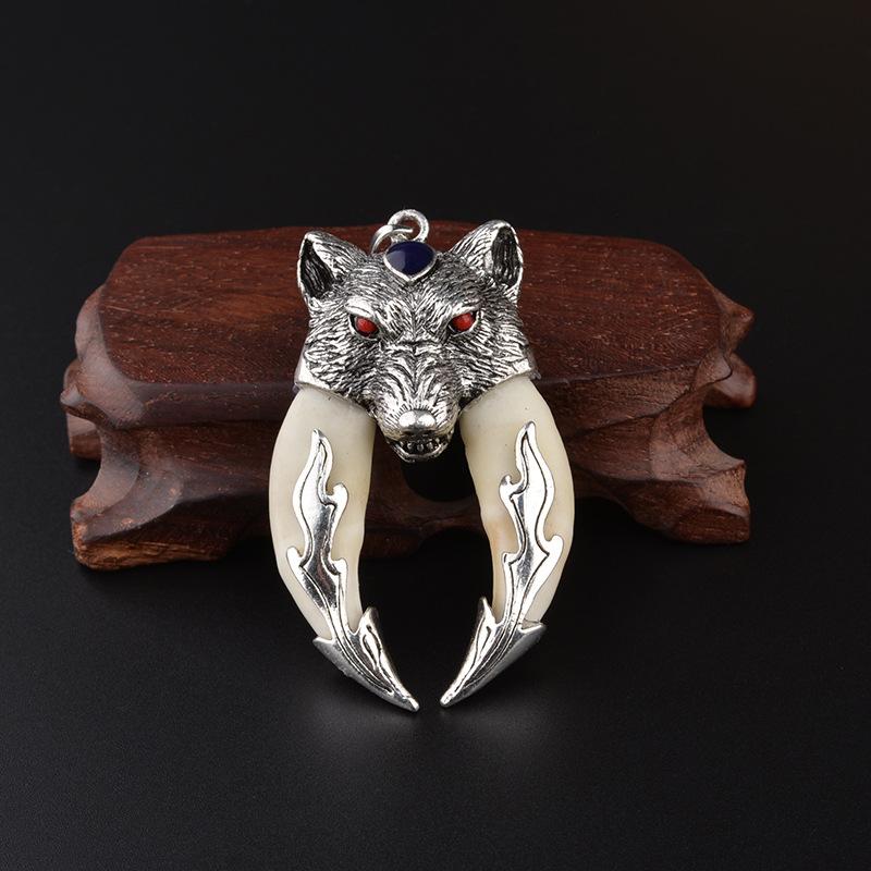 Antique Double Boar Tooth Silver Wolf Protective Talisman Pendant Necklace Gift