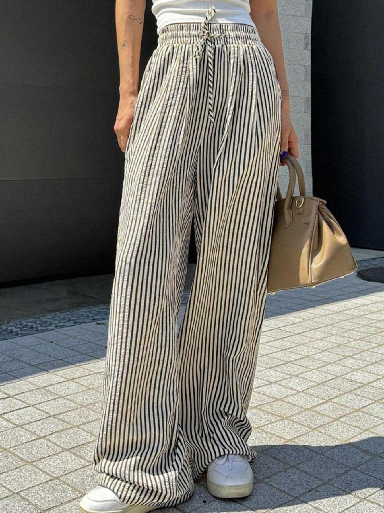 Women s Striped Drawstring Waist Wide Leg Pants Casual Loose Trousers S чёрный
