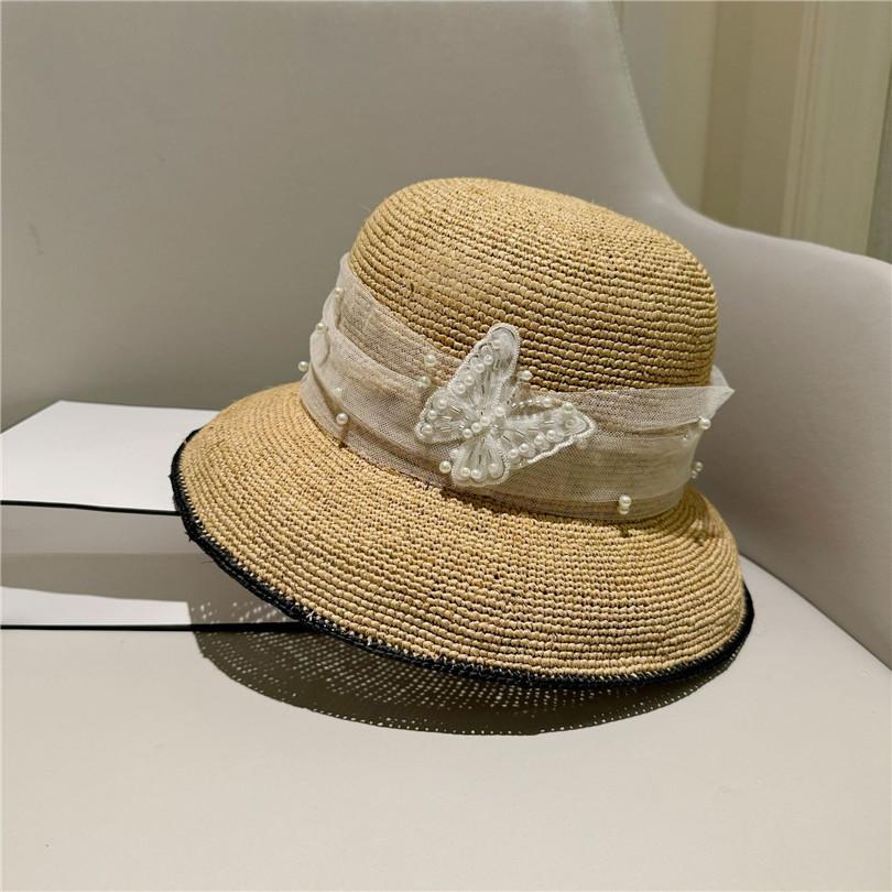 Ins Chic Summer Colored Square Stitching Decoration Hand Raffia Grass Sunshade Lady Bucket Cap Women Leisure Hat