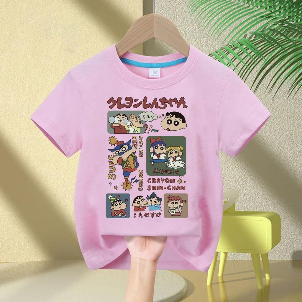 2026 New Summer Cotton Cartoon Crayon Shinchan Print TShirt Summer Fashion Casual Round Neck Cotton Childrens Top