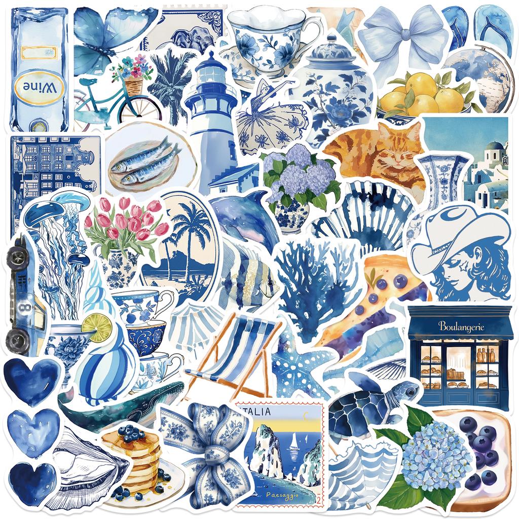 50 100 Stück Niedliche Mediterrane Sticker Ästhetisch Blau Ins Cartoon Aufkleber Diy Scrapbooking Handy Gepäck Wasserdichter Aufkleber Spielzeug