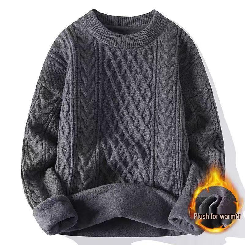 Luxury Autumn/Winter Velvet-Lined Cable Knit Sweater: Warm, Versatile, Thick Round Neck In Black & White