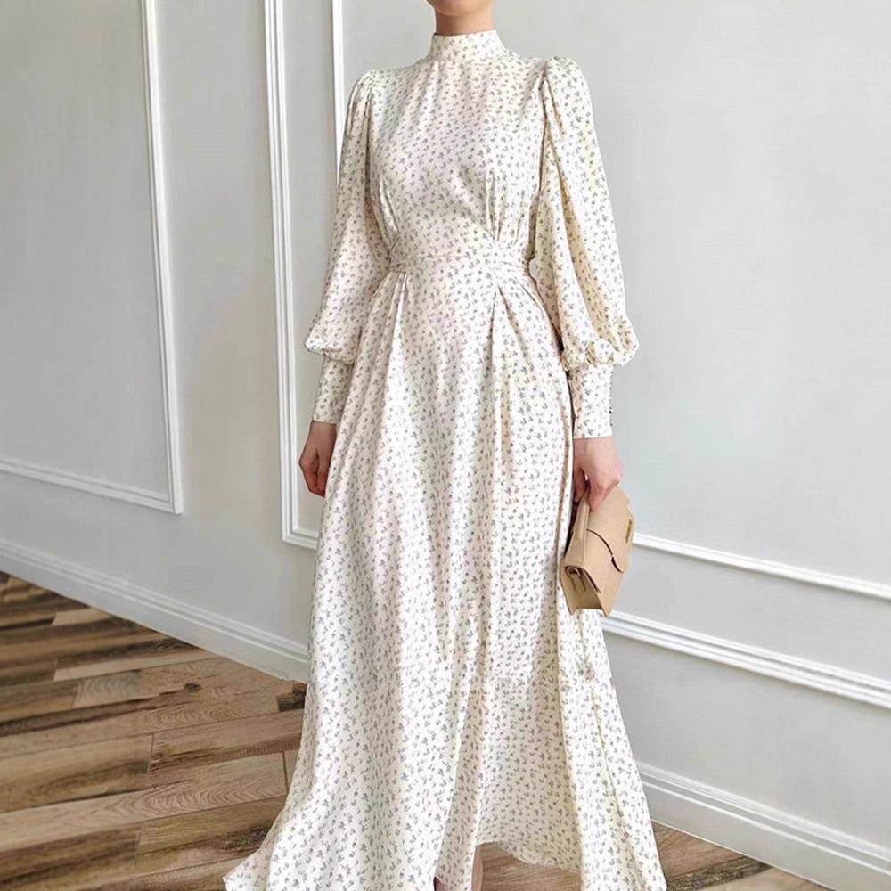 Elegant Long Sleeve Print Dress with Slim Fit Waist