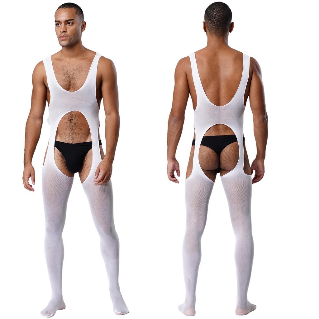 Mens See Through Sheer Jumpsuit Sleeveless Hollow Out Opening Crotch Bodysuit