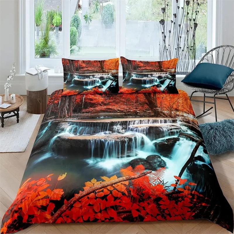 Waterfall Duvet Cover Set Natural Scenery Quilt Cover Pillowcase Landscape Forest Waterfall Queen Size Polyester Bedding Set