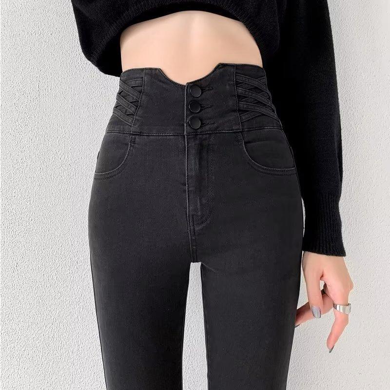 Women's high-waisted jeans, warm and thin pants in winter, pencil pants, tight belly and long pants
