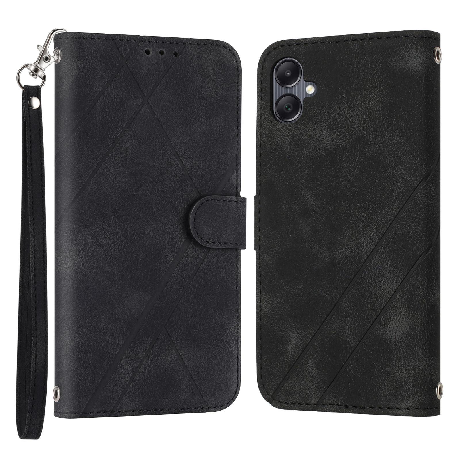 

For Samsung Galaxy A07/A06 4G/5G Case Imprinted Line Leather Phone Cover with Handy Strap Black