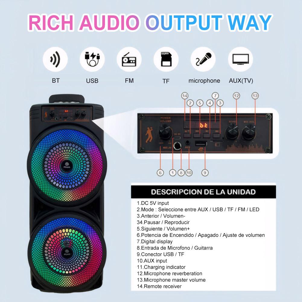 BT Outdoor Portable Wireless Speaker with Double Subwoofer Deep Bass RGB Lights 2400mAh Support USB/TF/AUX/FM/BT/MIC for Party