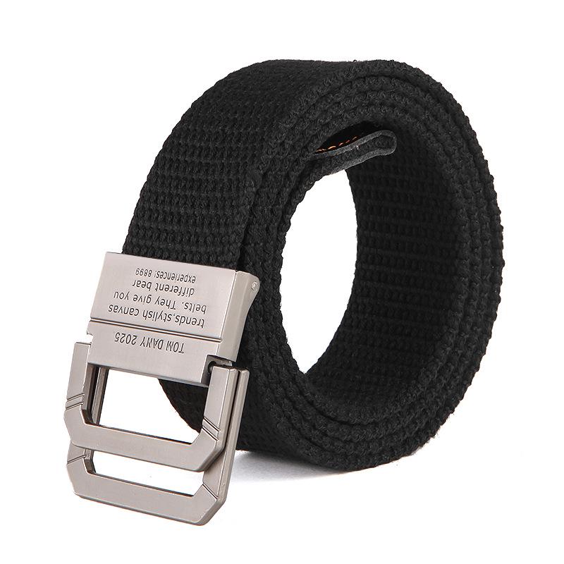 Men's Fashion Canvas Belt with Double Ring Buckle for Teens and Students - Leather-Accented and Adjustable Trousers Belt.
