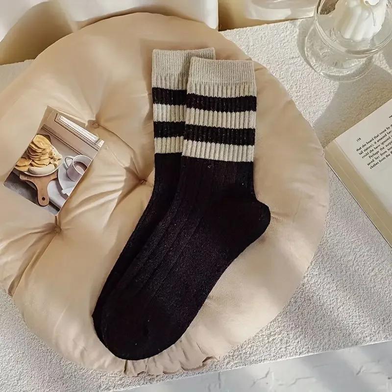 

5 пар носков с полосатым принтом, удобные и мягкие носки средней длины, женские чулки и чулочно-носочные изделия One Size чёрный