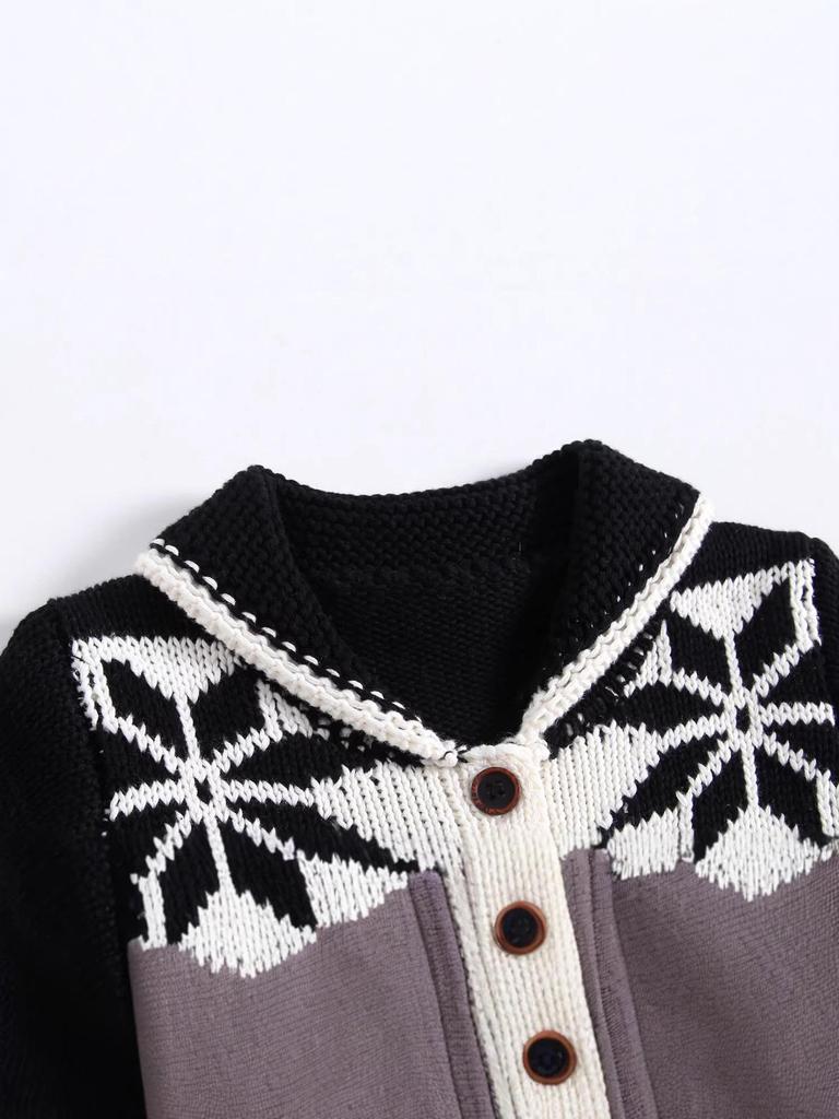 Unisex Baby Jacquard Color Block Lapel Cardigan: Thickened Knitted Outerwear for Infants and Toddlers