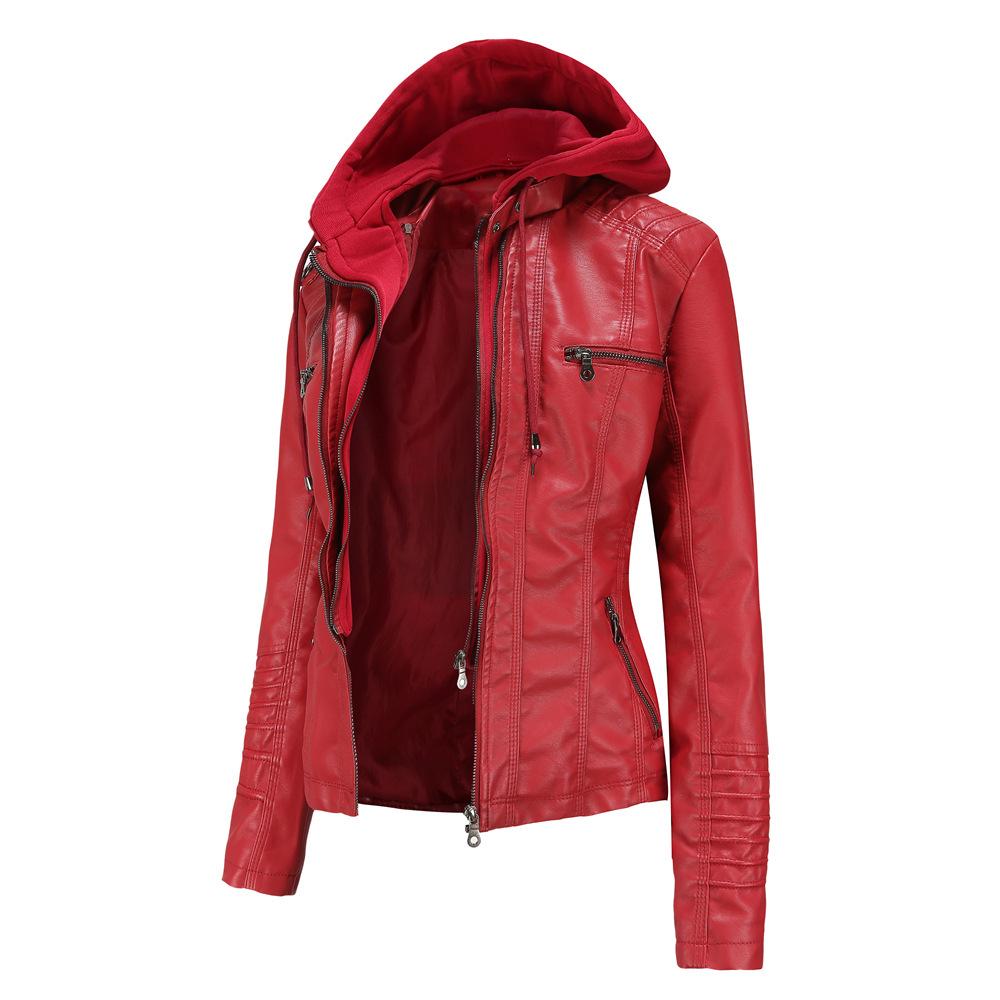Women's Detachable Hooded Leather Jacket Set - European & American Style, PU Washed, Available in Large Sizes, Ideal for Spring & Autumn