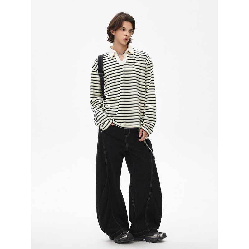 Blaexit American Retro Old Money Style V-Neck Striped Polo Shirt for Men, Loose and Casual with a High-End Feel, Long-Sleeved Top