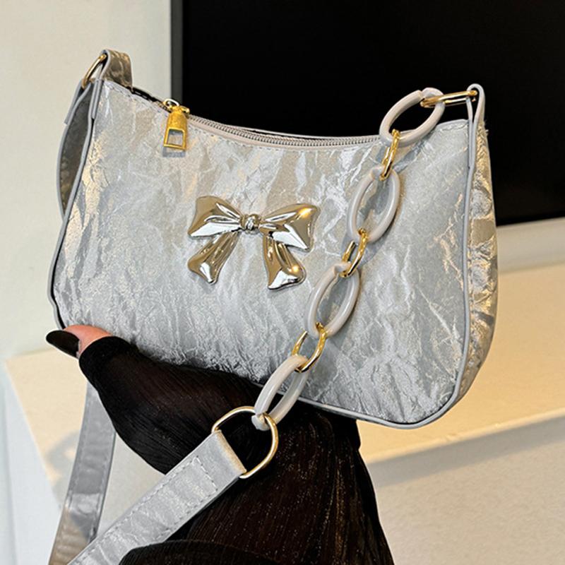 Sweet And Fresh Bowknot Handbag For Women  Style Trendy Underarm Messenger Bag Chain Shoulder Bag