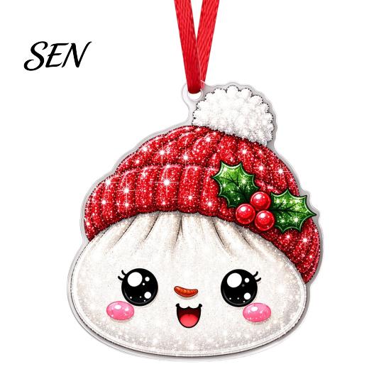 Colorful Cartoon Pattern Decor 2D Acrylic Christmas Ornament, Cute Luck Bag Bun Hanging Decor, Seasonal Decorative Crafts Tree Pendant for Holiday