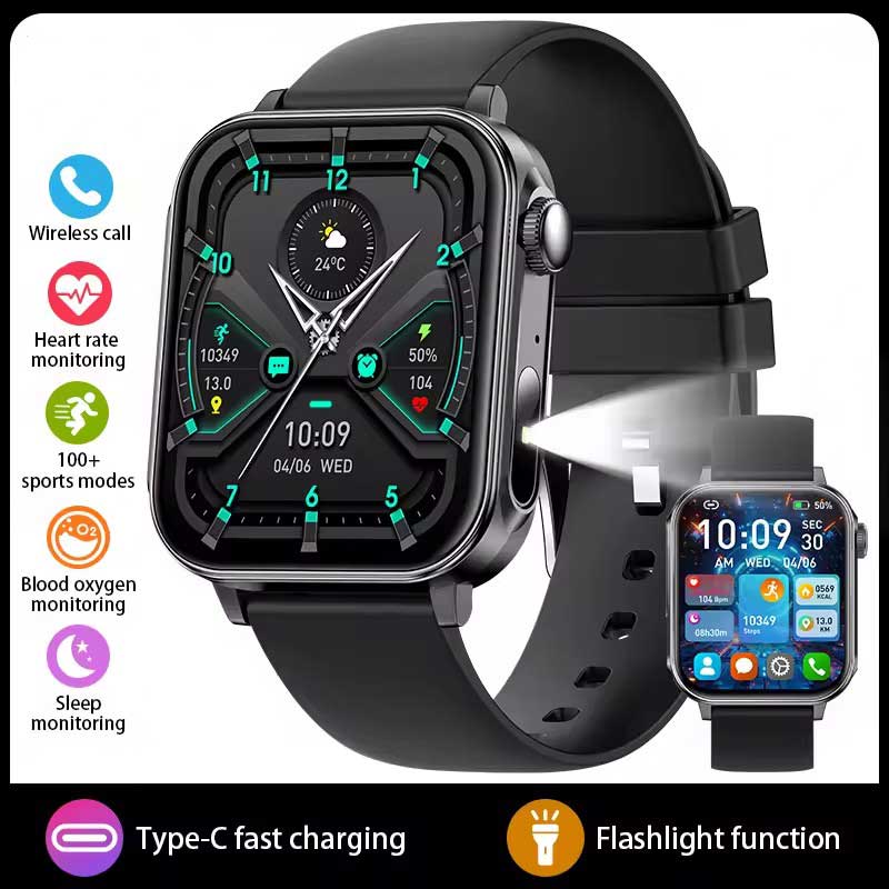 LUCKY START Type-C Fast Charging Smart Watch Men Women Health Manager Bluetooth Call LED Flashlight Waterproof Sport Fitness Smartwatch
