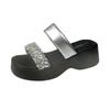 Premium sense silver rhinestone cool slippers women's 2025 summer new thick bottom heightening square head versatile one-word sandals batch