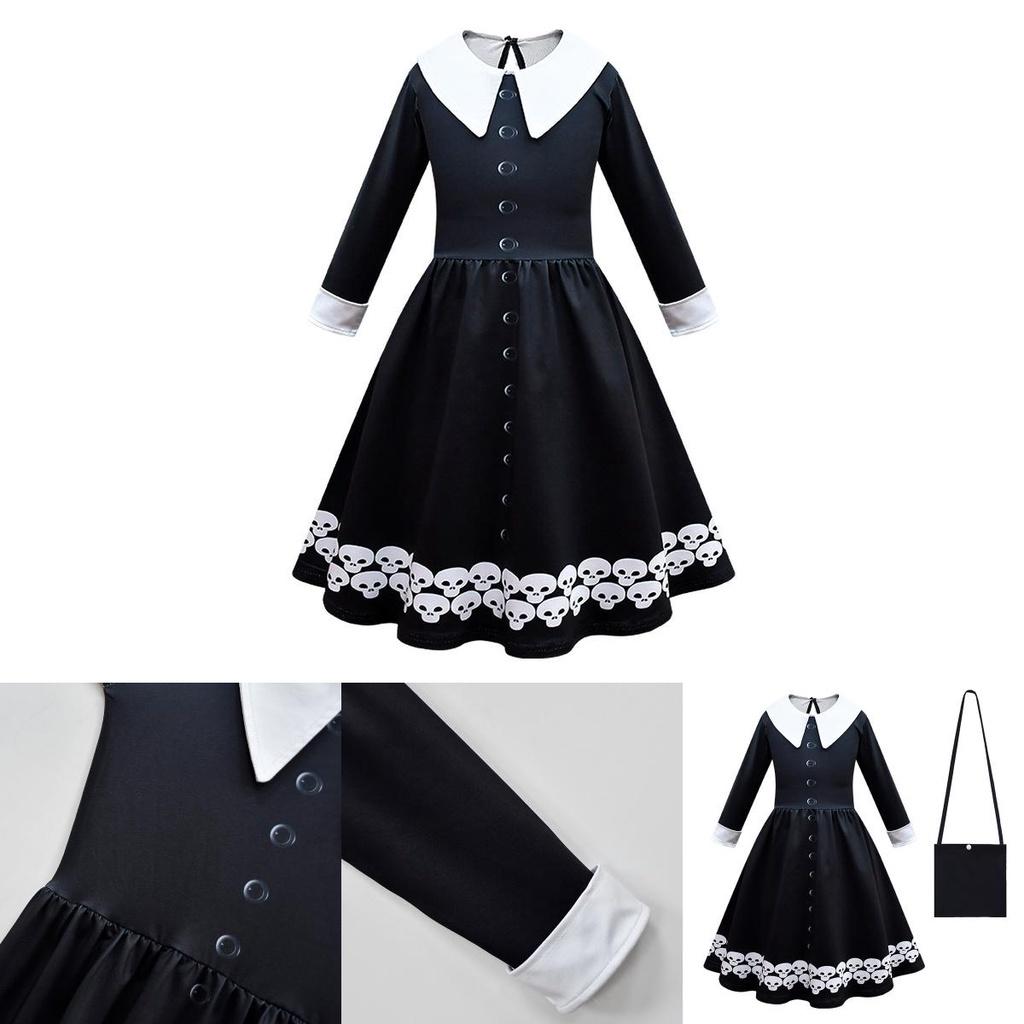 Wednesday Addams Dress Bag Wig Cosplay Costume Girls Xmas Party