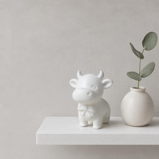 Yousheng 3D Printed Cow Figurine with Bow Tie, Cute Calf Statue, Minimalist Animal Model, Smiling Cow Ornament for Home Office Decor Gift