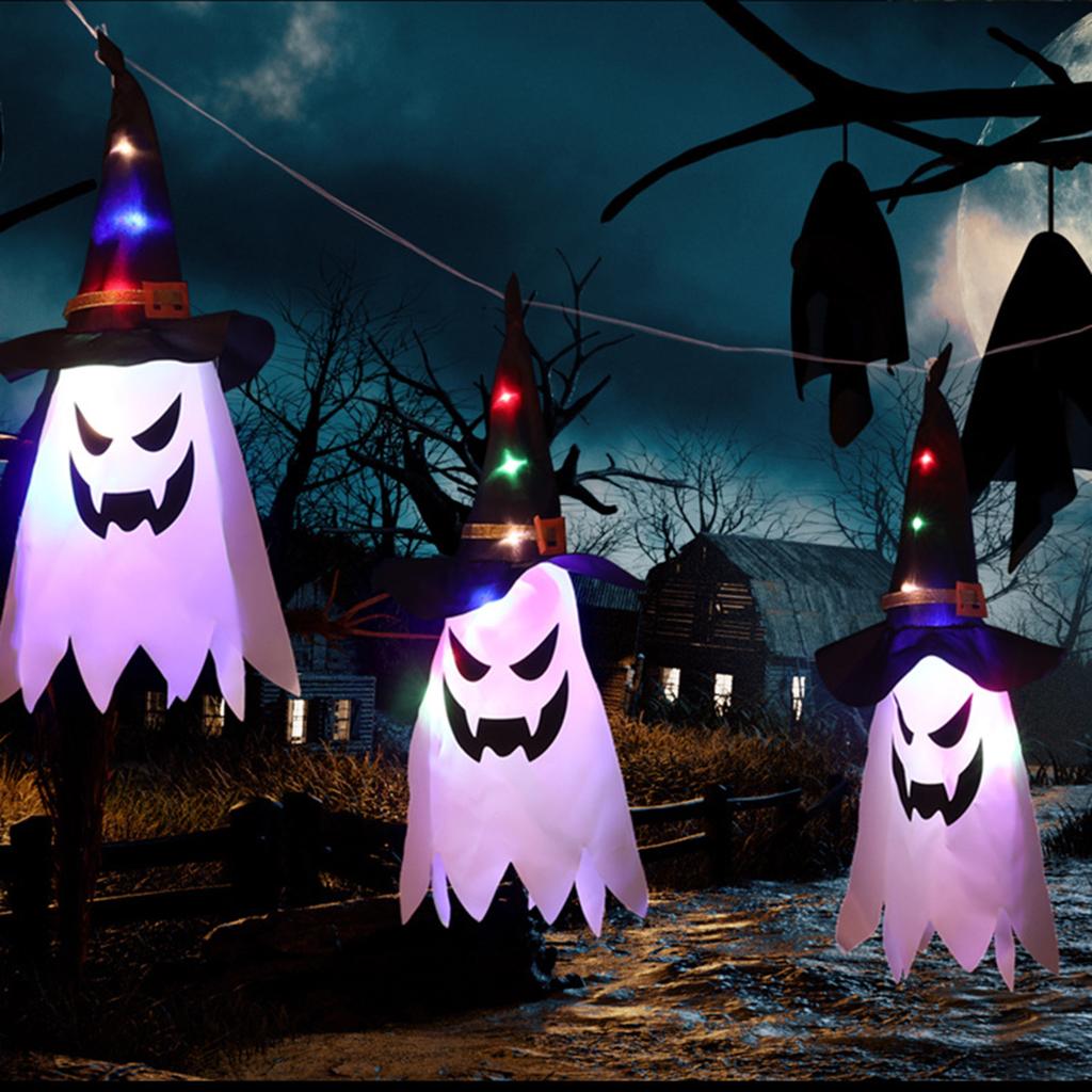 1PC Halloween Witch Hat Hanging Light Ghost Wizard Hat Shaped LED Ghost Lamp BatteryPowered