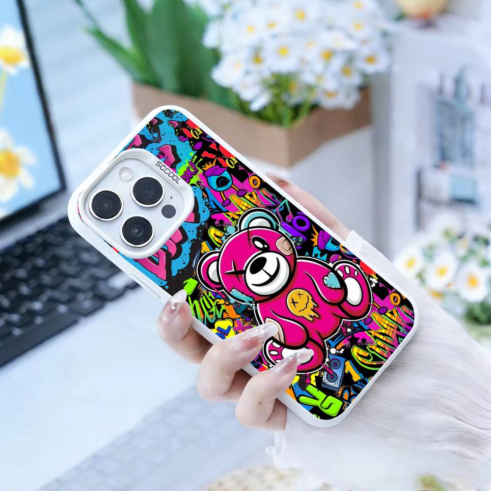 HOT Colorful Graffiti Bear  Phone Case For iPhone17, 16,15,14,13,12 Pro Max white Candy Matte Shockproof Cover