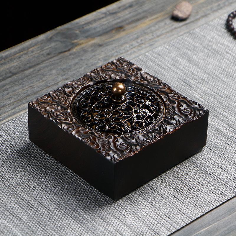 Räuchergefäß aus Ebenholz, Zuhause, Innenbereich, Spulen-Räuchergefäß, Retro-Zen-Rückfluss-Räuchergefäß, reiner Kupferdeckel, Holz-Räuchergefäß