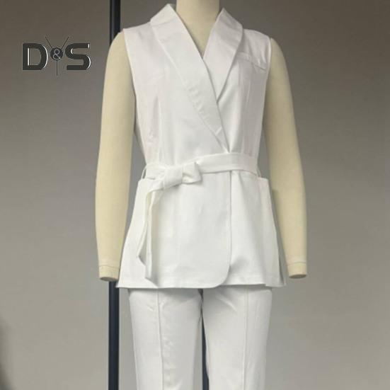 2 Pcs/Set Women Coat Pants Set V Neck Lace-up Slim Waist Mid Length Cardigan Sleeveless Jacket Wide Leg High Waist Straight Trousers Lady Formal