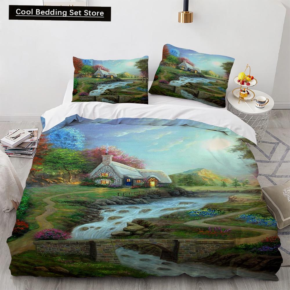 Oil Painting King Queen Duvet Cover Vintage Building Landscape Bedding Set for Adults Retro Art 2/3pcs polyester Quilt Cover