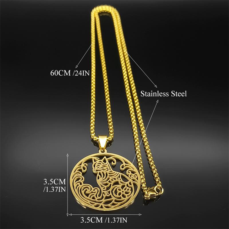 Viking Style Round Cat Pendant Stainless Steel Necklace For Men Hip Hop Sweater Chain Jewelry