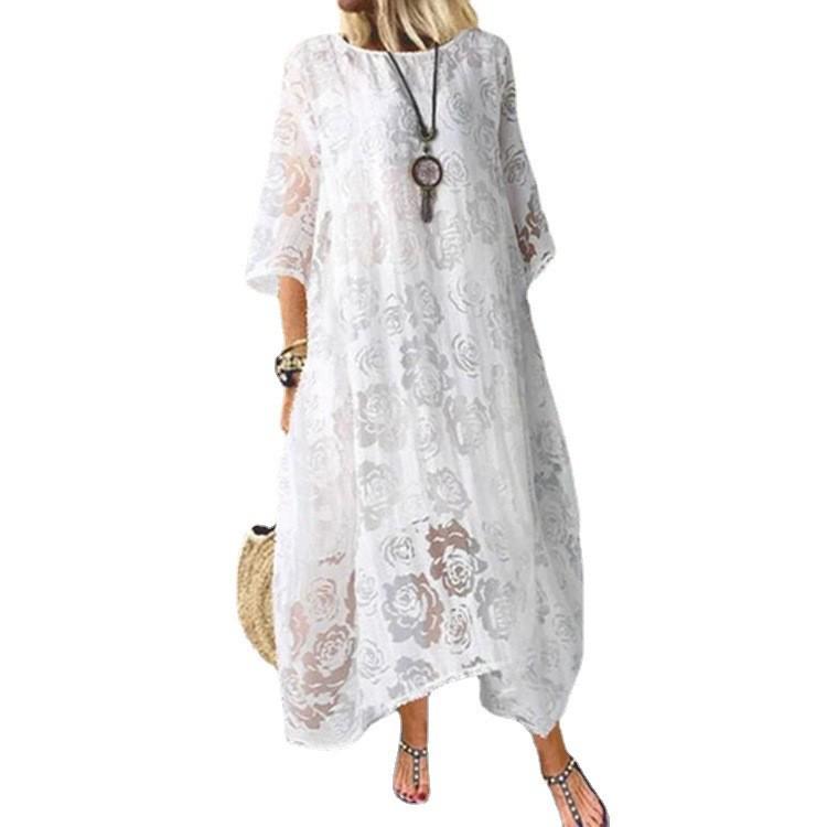 2023 Summer Europe and America Hot Item: Round Neck Short Sleeve Lace Long Casual Dress