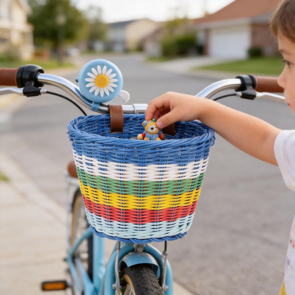 Dětský košík na kolo s vintage proutěným designem a zvonkem pro dětská cyklistická dobrodružství
