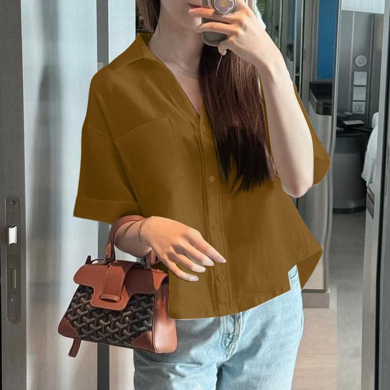 

ZANZEA Женская классическая блузка с воротником, летняя, свободного кроя, с рукавом три четверти, однотонная M коричневый