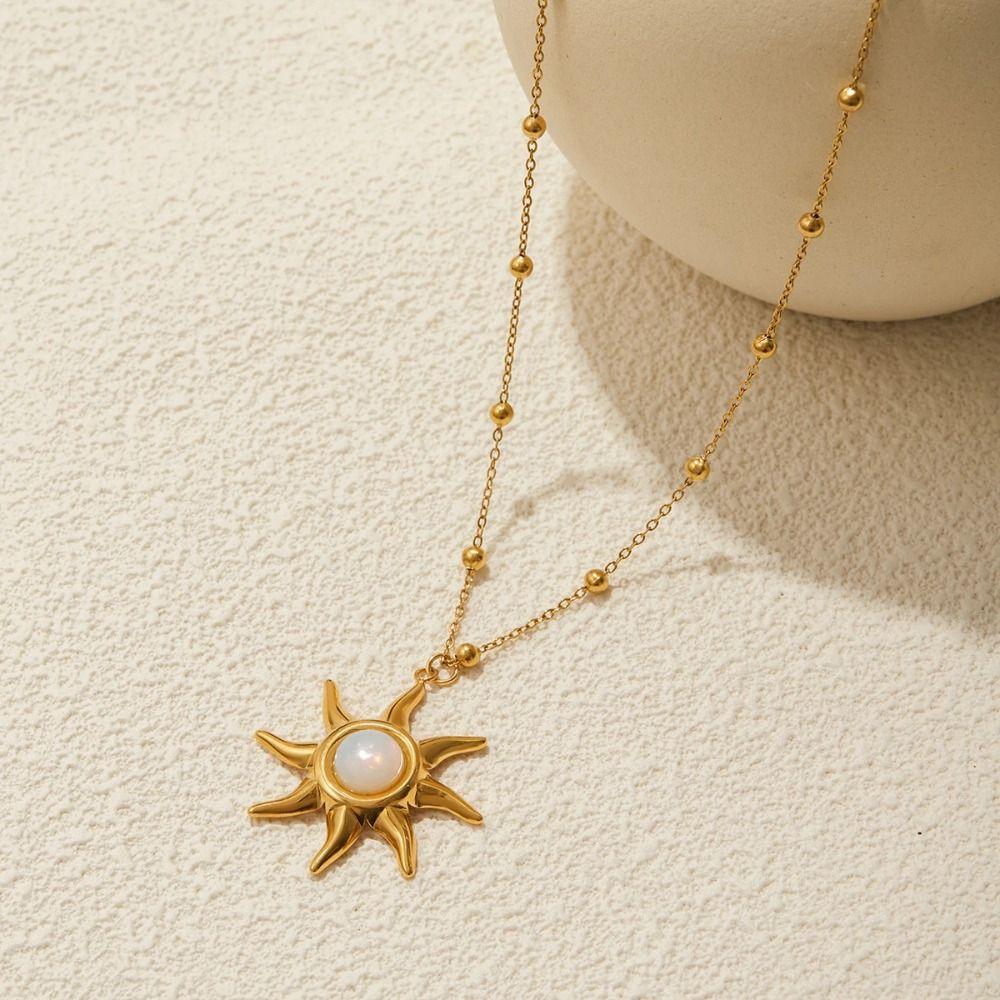 Bohemian 18K Gold Plated Necklace Stainless Steel Double Stacked Neck Chain Sun Pendant  Beach