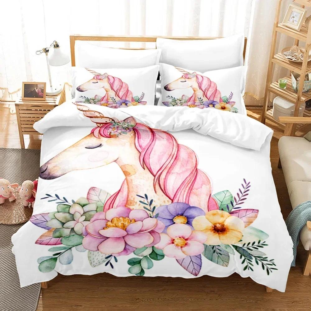 Luxury New 3D Print Cartoon Unicorn Duvet Cover Set King/Queen Size Cute Pink Blue Fairy Tale Animals Polyester Bedding Set
