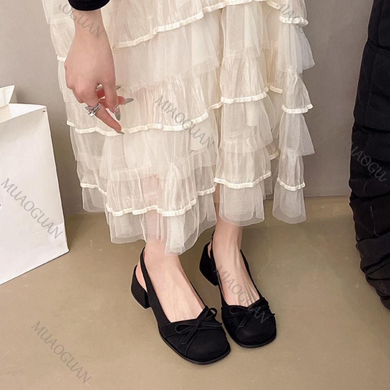 Fashion Baotou Sandals Women's Summer Mid Heel 2025 Spring Summer New Bow Back Strap Sandales Femme Sweet Square Head Women Single Shoes