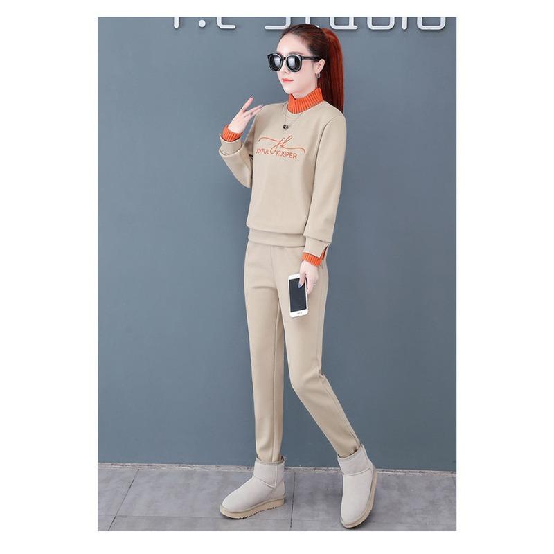 

Бархатный спортивный костюм для женщин Осень и Зима Новый Трикотажный повседневный костюм с высоким воротником Толстовка Комплект из двух предметов 3XL