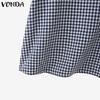 VONDA Summer Women Square Collar Plaid Lace Hem Patchwork Puff Sleeve T-shirts