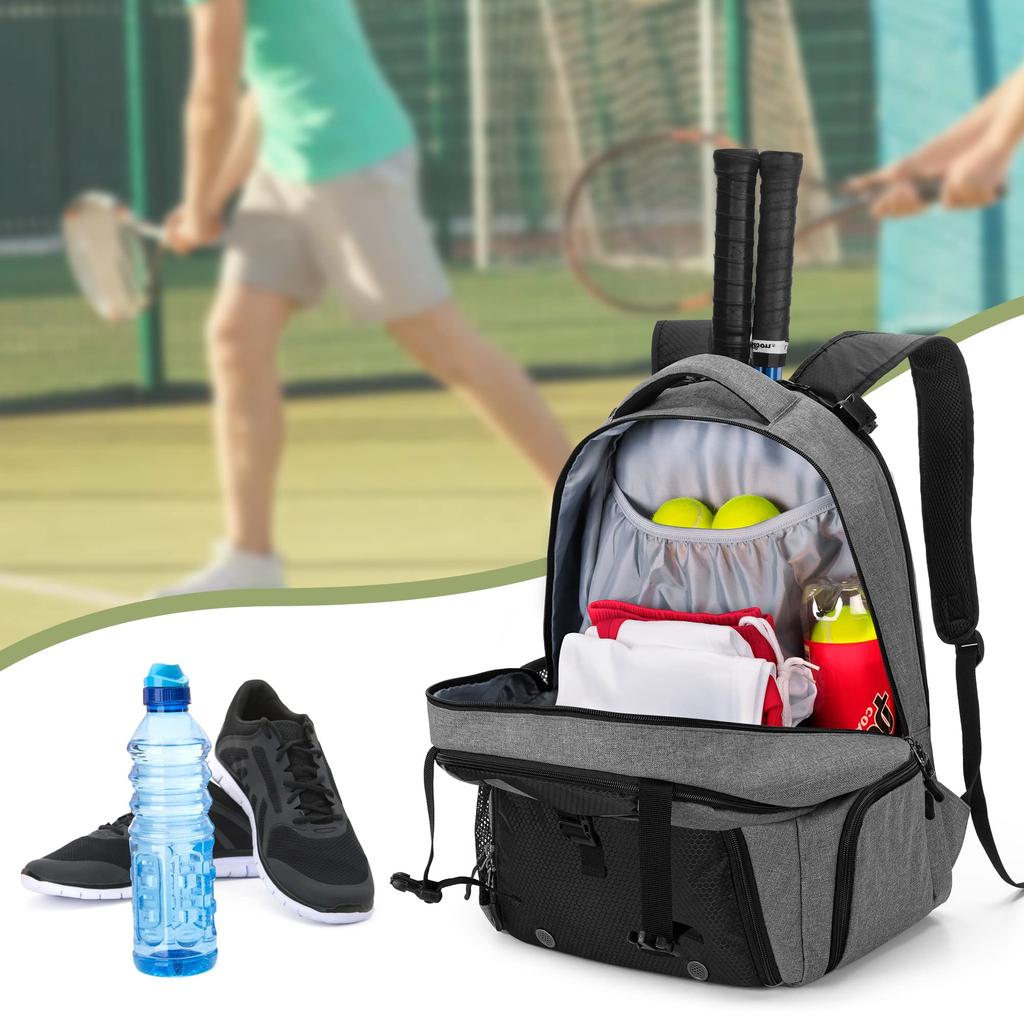 DSLEAF Tennistasche für 2, Tennisrucksack mit Schuhaufbewahrung, Tennisrucksack, große Kapazität, Schlägertasche, Tennisrucksack (Grau)