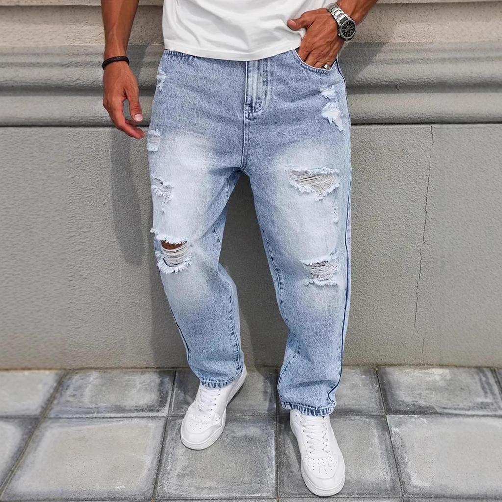 Pantaloni di jeans da uomo azzurro chiaro a gamba dritta strappati