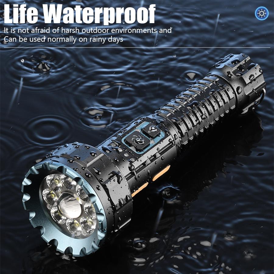 Rechargeable 9-LED High Lumen Tactical Flashlight, 10 Modes Waterproof EDC Flash Light Outdoor Survival Torch for Camping Hiking