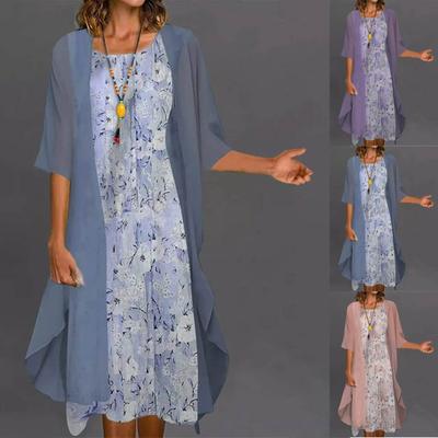 Zweiteiliges Set-Kleid für Damen, lässig, modisch, bedruckt, Rundhalsausschnitt, mittellang, Länge