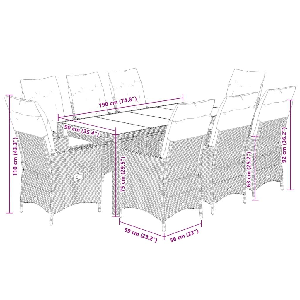 Vidaxl 9-Cz. Garden Furniture Set With Cushions, Beige, Poly Rattan