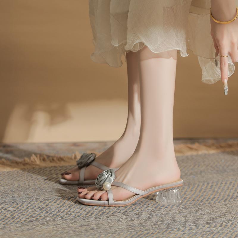 

Sheepskin version~ Crystal heel outer slippers 2025 medium heel square head thick heel fashion sandals versatile lazy muller shoes 40